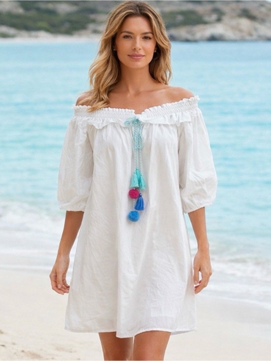 J. McLaughlin Dresses & Skirts - J. McLaughlin White Off-Shoulder Dress with Blue and Red Tassels